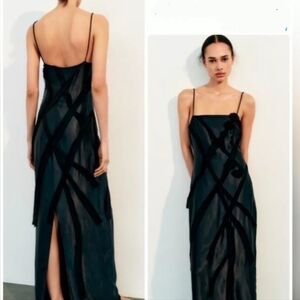 Zara Satin Strappy Floral Black Slip Dress